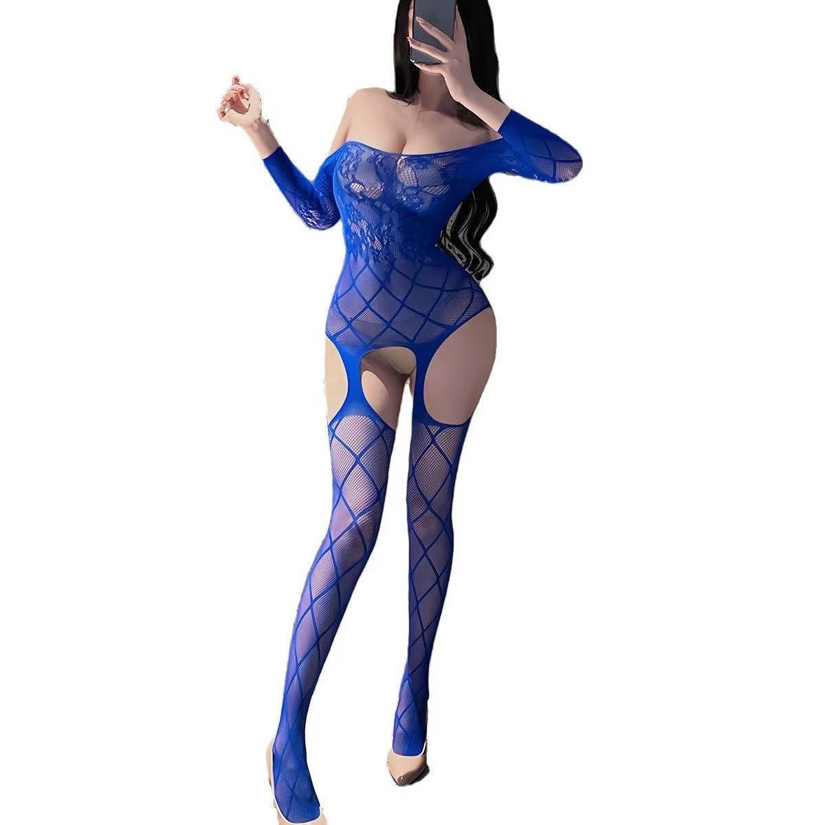 Long-Sleeve Open-Crotch Net Bodystocking with Jacquard Backless Design, Black — detail image 6