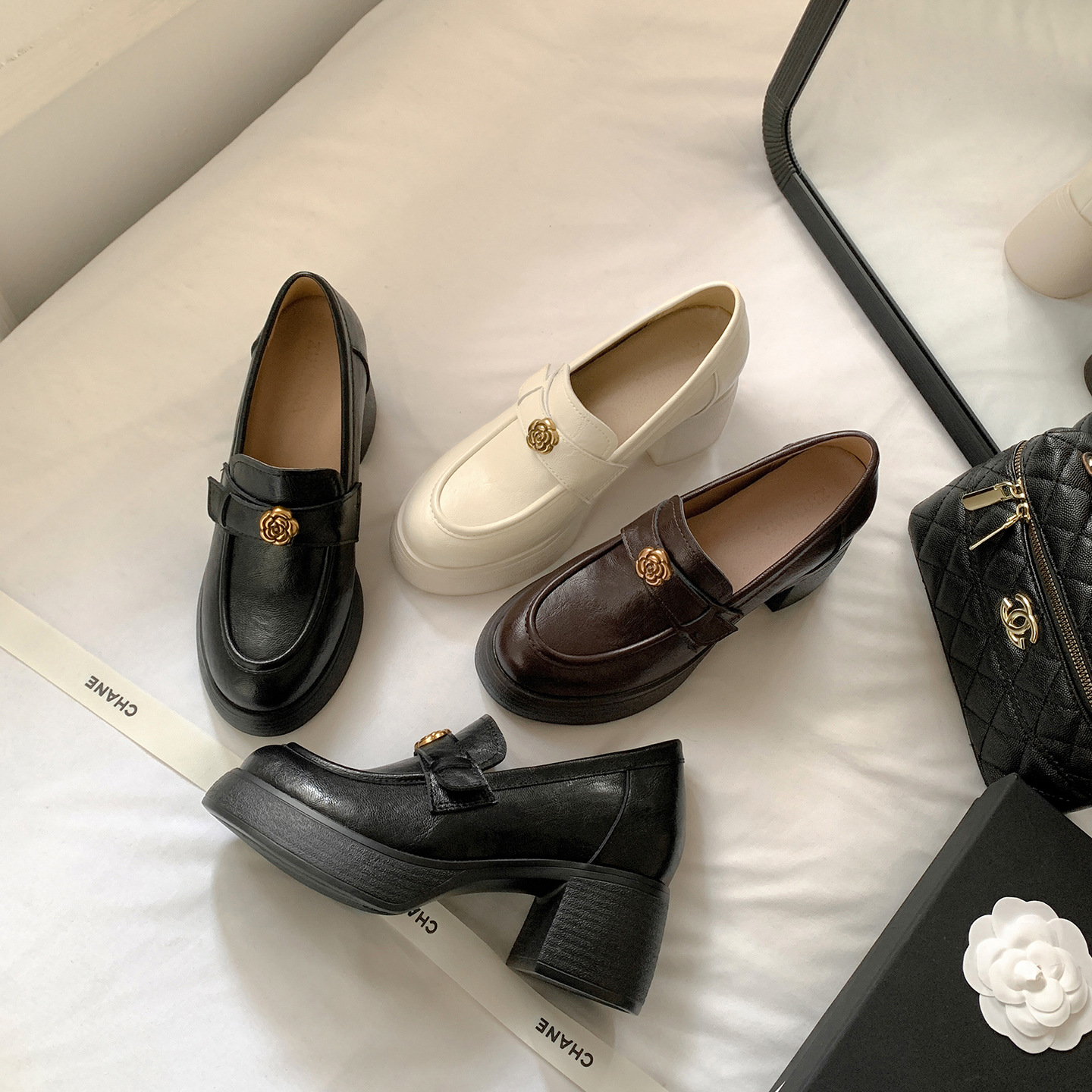 10cm Internal Height Increase Round-Toe Waterproof Platform Loafers 2026 Autumn/Winter Camellia Deep-Cut Single Shoes Women's Height Increase Shoes 10cm