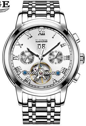 LIGE 9813 caliente-venta hueco transparente Tourbillon multifunción reloj mecánico automático correa de acero reloj de hombre