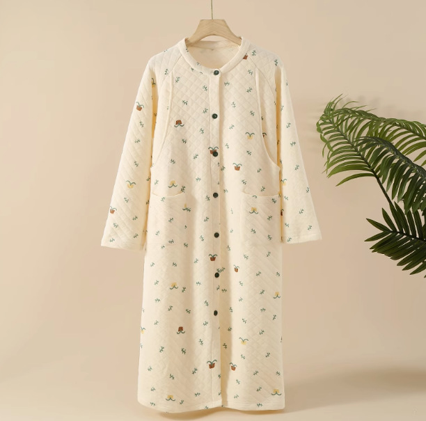 秋冬の女性の純綿の3層の空気綿の中間層の長袖のパジャマの冬の綿の保温の甘い家庭服の月子服