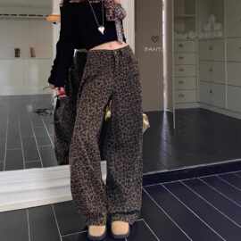大码胖妹妹复古豹纹高腰阔腿牛仔裤女辣妹百搭直筒裤休闲拖地长裤