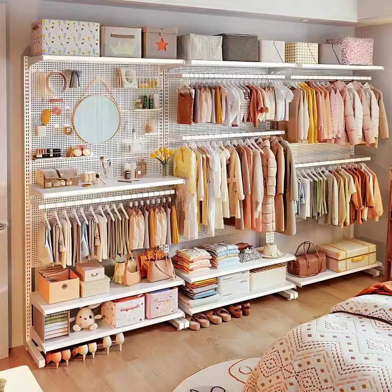 홀 보드 옷장 바닥에서 천장까지 개방형 옷장 보관함 소녀 침실 금속 선반 보관 옷걸이 일체형