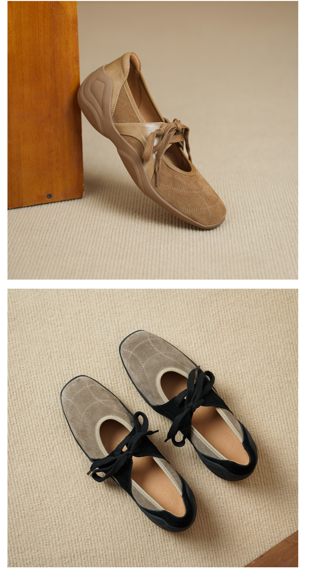 Giày sneaker nữ đế dày miệng thấp dây buộc phối màu da lộn — màu mơ chi tiết 10