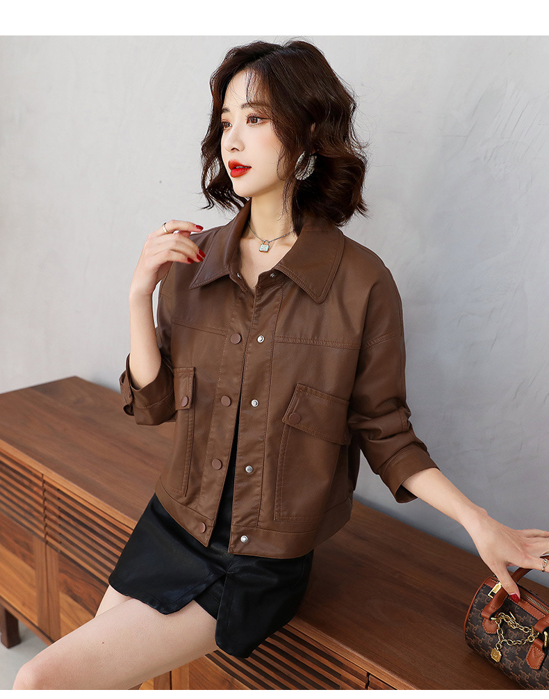 The 2022 Spring and autumn collection features a new women's leather jacket with a fashionable lapel and single-breasted button. It's a stylish motorcycle suit for a short jacket pic 28