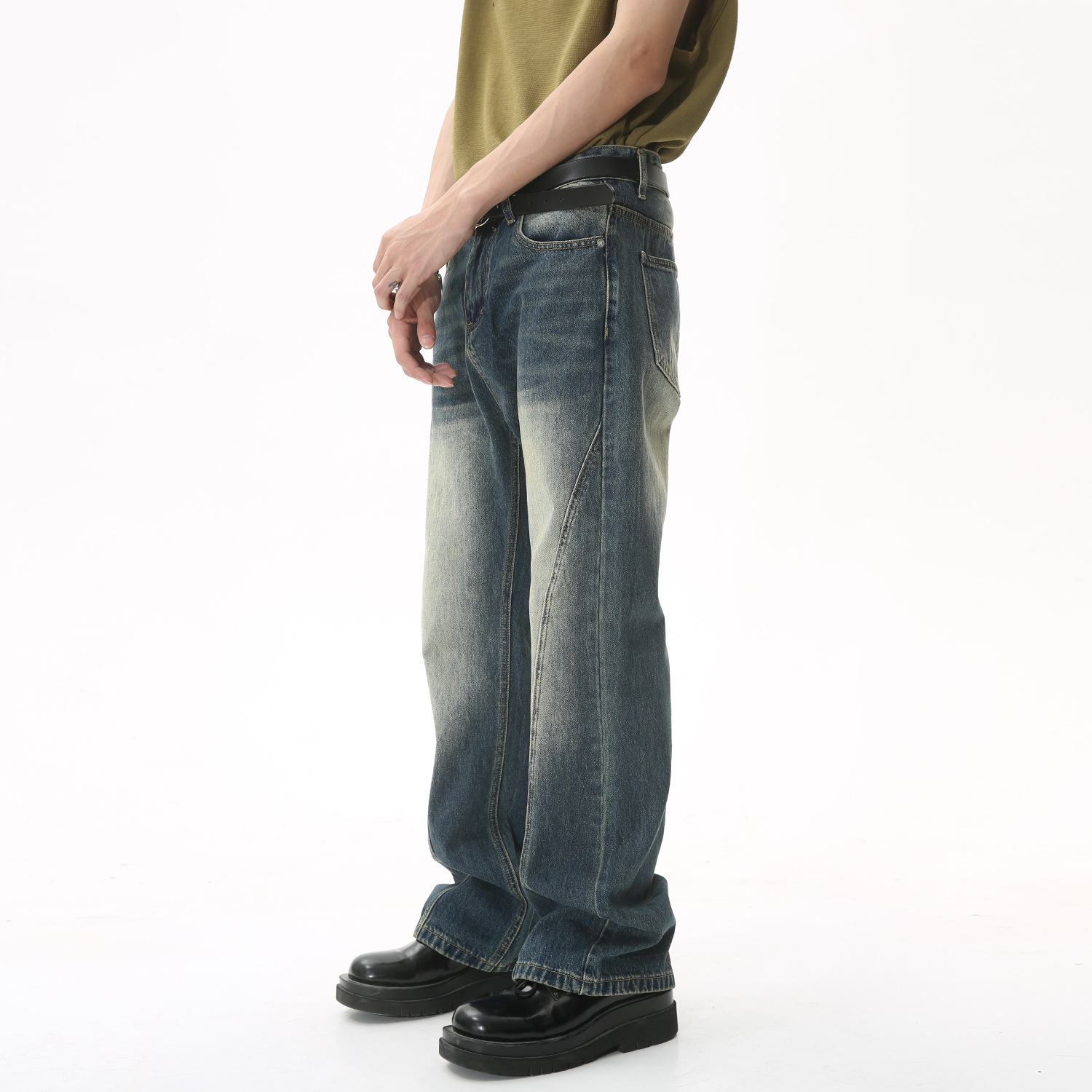 Mtlclothes ropa de Hombre | 2023 cuatro estaciones nueva recta suelta Hong Kong estilo retro apenado costura jeans