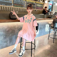 女童夏季拼接中長裙2022新款中大童Polo連衣裙洋氣公主裙時髦童裙