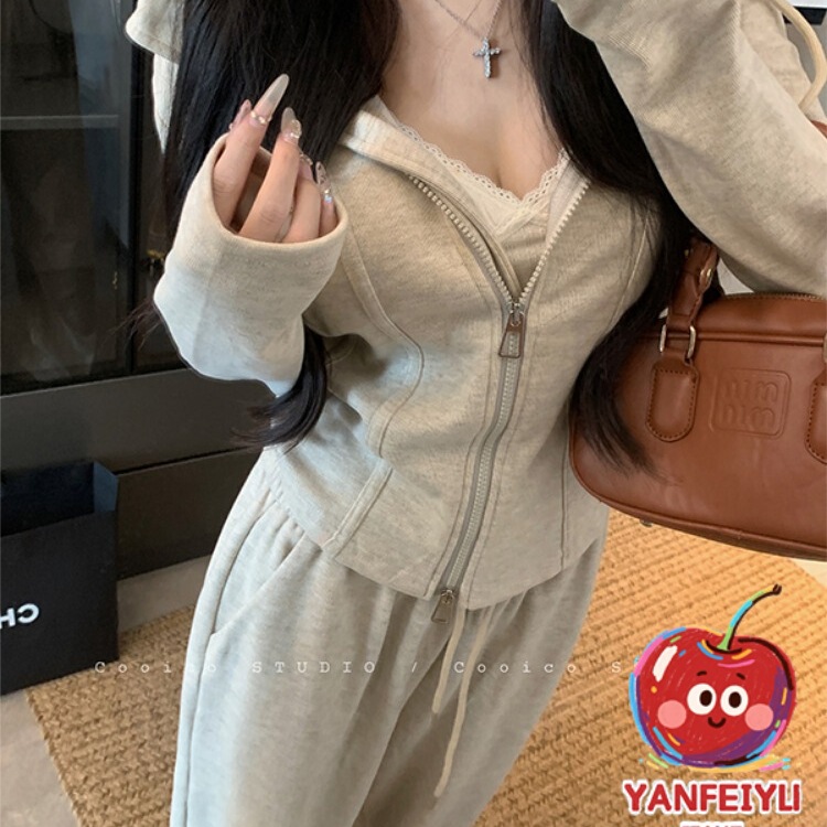 双拉链慵懒连帽长袖卫衣外套女秋季运动套装垂感休闲阔腿裤两件套|undefined