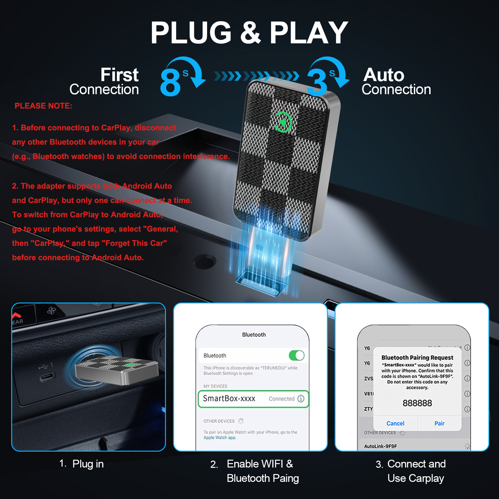 Cross-Border Best-Selling Wireless Carplay Box, Wired to Wireless Carplay Module, Supports Apple and Android Car Systems