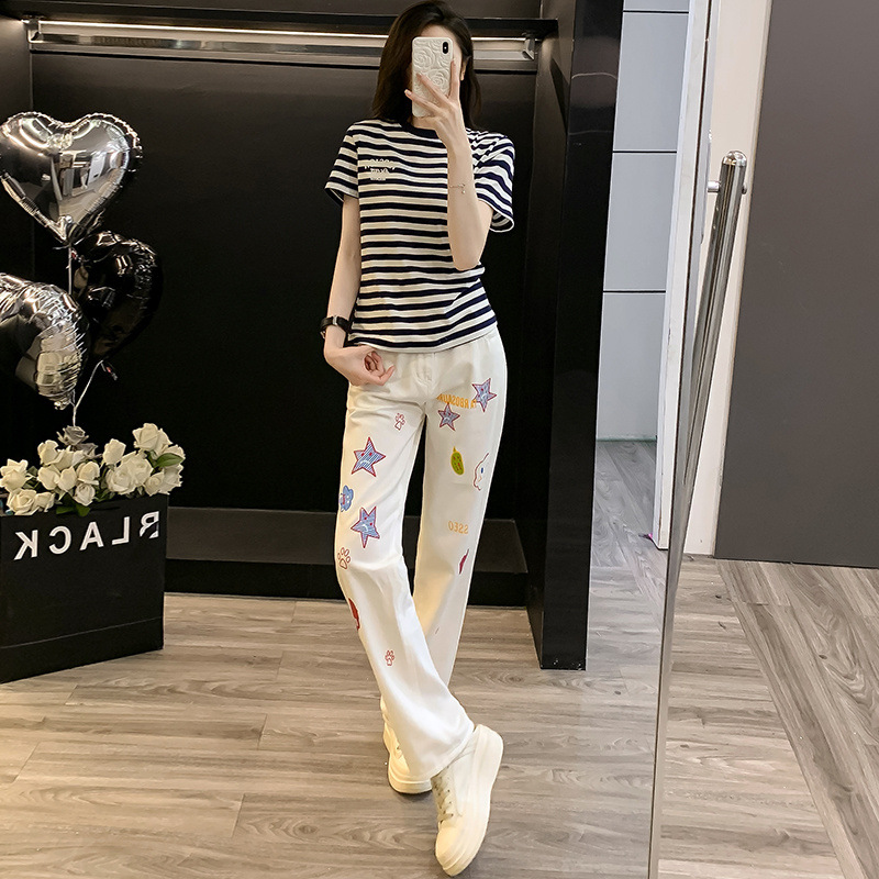 Salt Style Casual Sports Suit for Women, Summer Style Slimming Look Stripesd T-Shirt, Cartoon Print Straight Pants Two-Piece Set