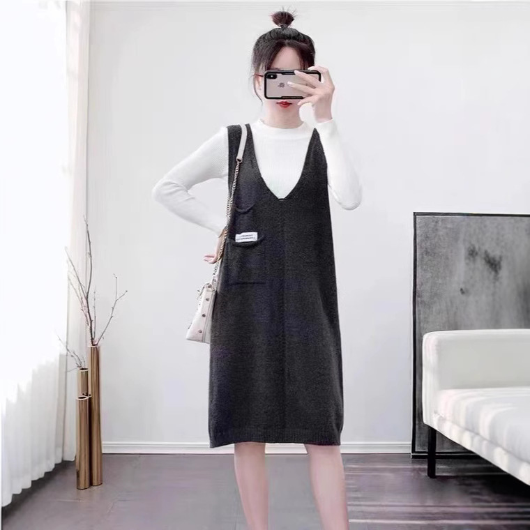 (2개) 가을과 겨울 느슨한 외부 중장 조끼 원피스 여성을위한 새로운 올 매치 V 넥 니트 스웨터 스트랜드 스커트