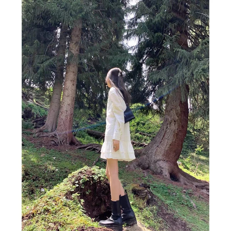 WANANTONG Glow Monaco Pleated Metallic Shirt Dress Autumn Design Sense Shirt dress