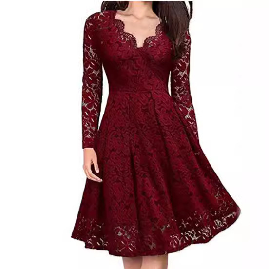 2023 Christmas Women's Autumn and Winter Dress Lace Dress Long Sleeve Inner Base Slimming Elegant Trendy Skirt