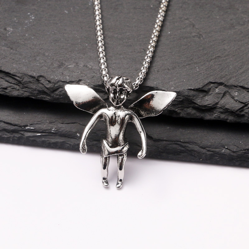 Vintage roestvrijstalen ketting groothandel hiphop engelenvleugels legering hanger trui ketting_voghion.com
