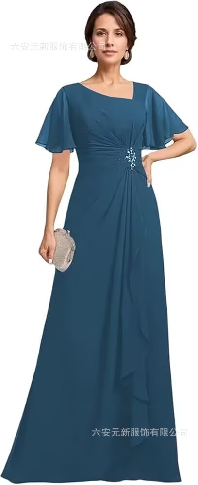 Vestido de novia de gasa de Amazon vestido de madre mariposa de manga corta plisada larga aplicación vestido de invitado de boda