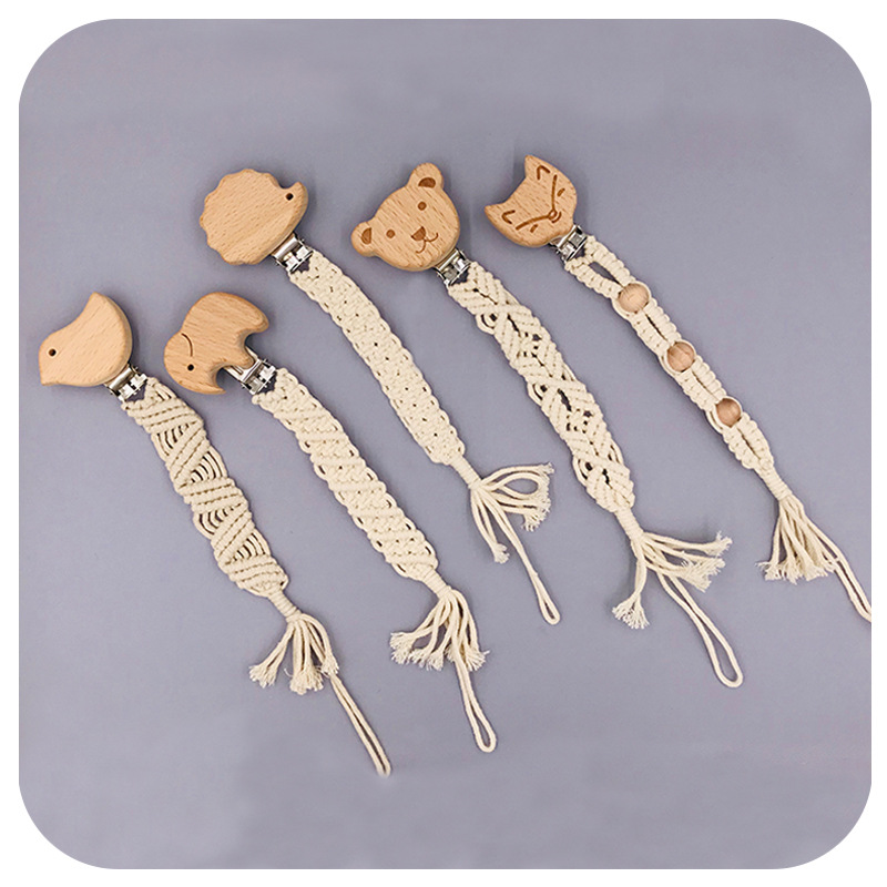 寶寶創意櫸木動物奶奶嘴防掉鏈玩具牙膠新款兒童純手工編織奶嘴繩