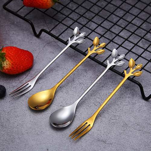 410 stainless steel leaf fork and spoon, golden coffee spoon, cake dessert spoon, fruit salad fork and spoon with engraved logo