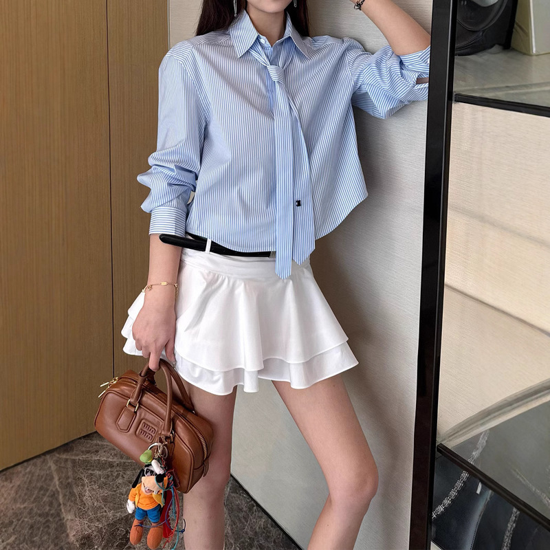 2025 Spring New Women's Shirt Casual Fashion Korean Style Detachable Tie Profile Short White Shirt for Women