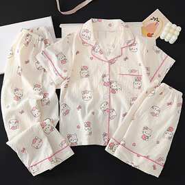女童睡衣夏季薄款云朵棉三件套儿童卡通长裤短袖中大童家居服套装
