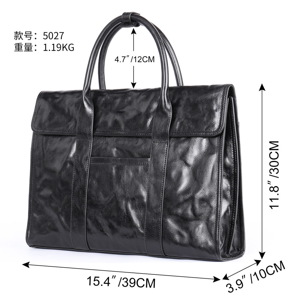 Túi xách tay nam da bò lớp đầu phong cách công sở dung tích lớn, cặp tài liệu đựng laptop 14 inch — màu đen, Hoa cầm tay màu đen