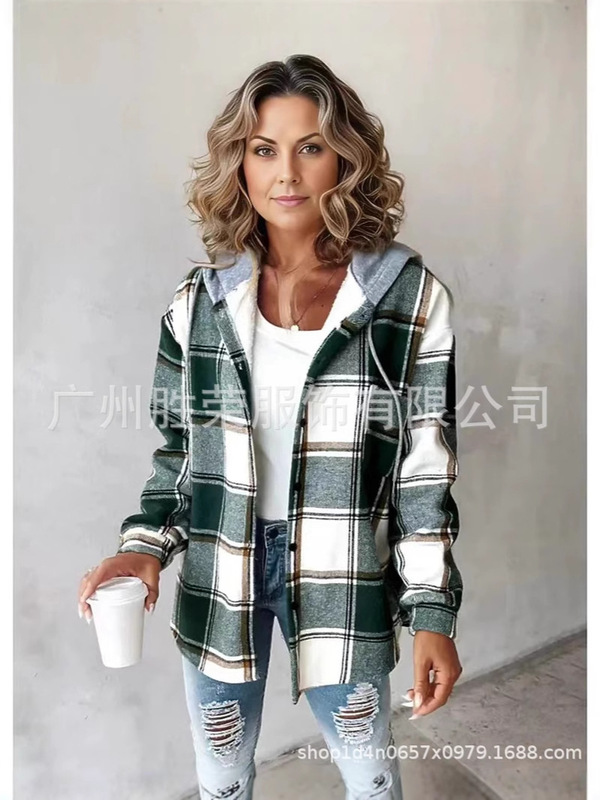 2025 新しいクロスボーダー外国貿易ヨーロッパとアメリカの服アマゾン秋冬ホットスタイル大きなチェック柄プリントフード付きジャケット|undefined