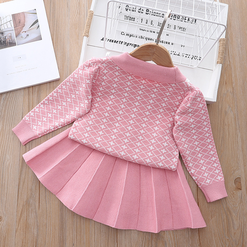 Korean version sweet and cute girl two-piece set for girls aged 1-8, college knitted sweater half skirt_voghion.com