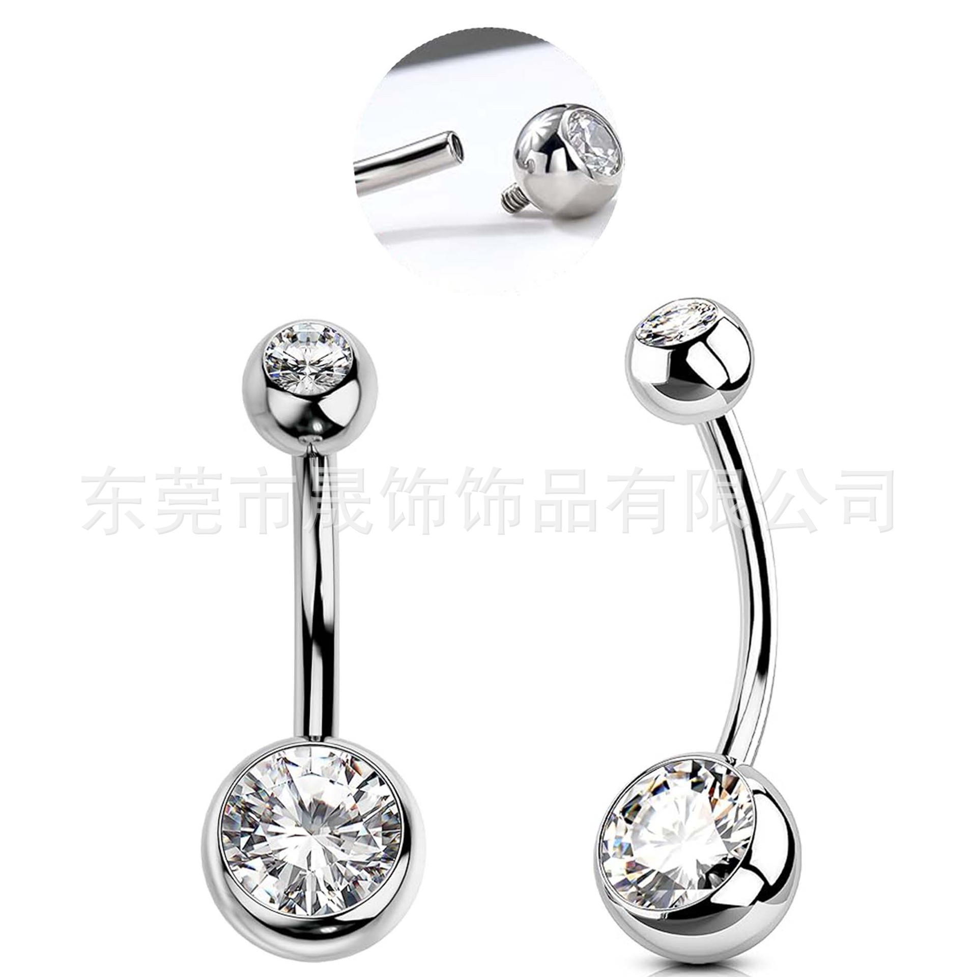 F136 Titanium Alloy Cubic Zirconia 肚 Navel Ring Internal Thread Double 头包边圆皓 Navel Ring Piercing 穿孔 Jewelry Navel Ring