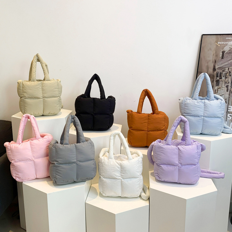 Diamond square tote bag summer 2024 new style soft cotton filled pillow bag single shoulder underarm bag puff bag female_voghion.com