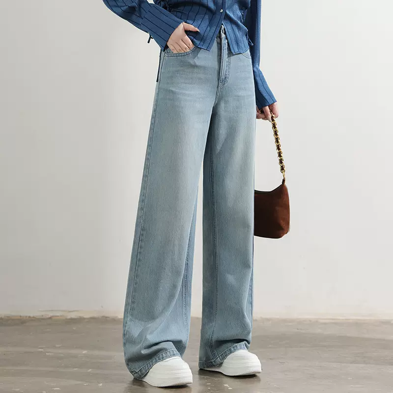 厂家直销新款清爽蓝莱赛尔棉牛仔裤实力遮肉浅色垂感阔腿拖地裤女