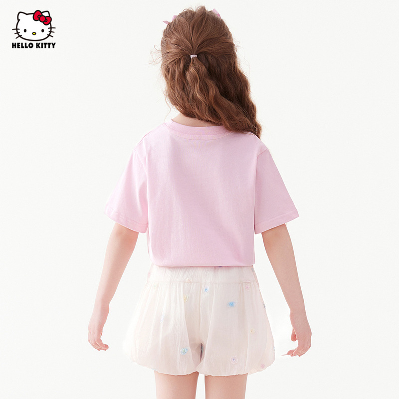 ハローキティのケイティの女の子の夏のスーツ2025の新型の甘い洋風の短いスカートの半袖の2つのセット|undefined