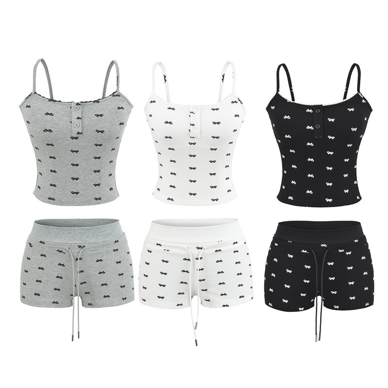 Summer Pure Desire Style Spicy Girl Suspender Set Slim Fit Short Lace Vest Printed Top High-Waisted Sports Shorts for Women Summer Pure Desire Style Spicy Girl Suspender Set Slim Fit Short Lace Vest Printed Top High-Waisted Sports Shorts for Women