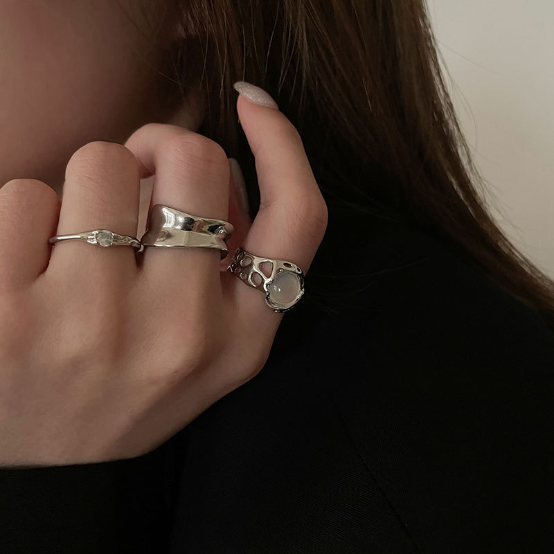 925純銀波浪鑲鑽月光石戒指女ins小眾設計時尚個性輕奢指環冷淡風