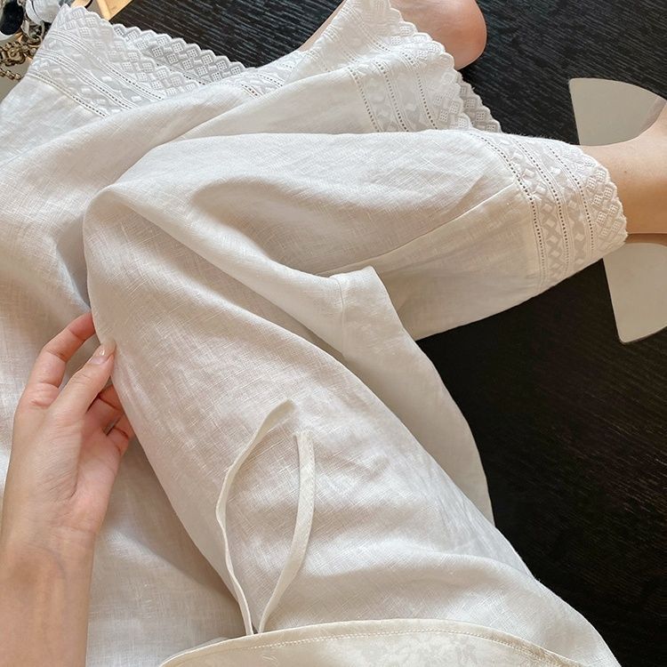 White Embroidered Lace Splicing Cotton and Linen Casual Pants for Women, Summer Thin New Loose Lazy Slimming Cropped Wide-Leg Pants White Embroidered Lace Splicing Cotton and Linen Casual Pants for Women, Summer Thin New Loose Lazy Slimming Cropped Wide-Leg Pants
