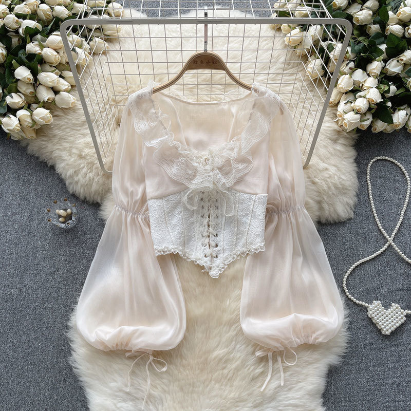French Palace Style Lantern Long-Sleeved Shirt for Women, Fashionable Chiffon Shirt, Sweet Lace Splicing Mesh Top, Trendy French Palace Style Lantern Long-Sleeved Shirt for Women, Fashionable Chiffon Shirt, Sweet Lace Splicing Mesh Top, Trendy