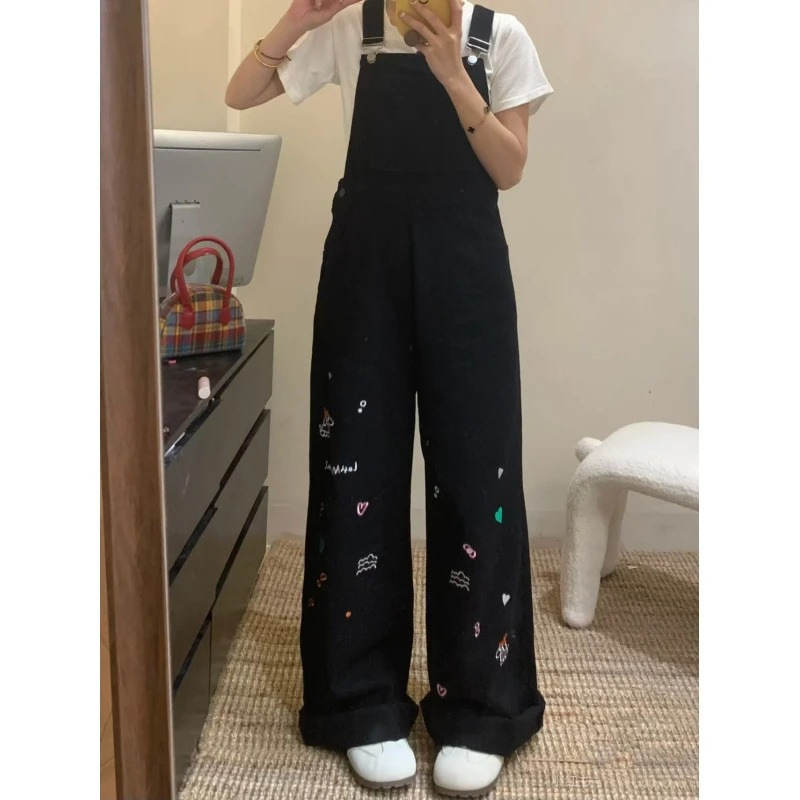 2025夏季新款卡通刺绣减龄牛仔背带裤女时尚百搭小个子直筒连体裤