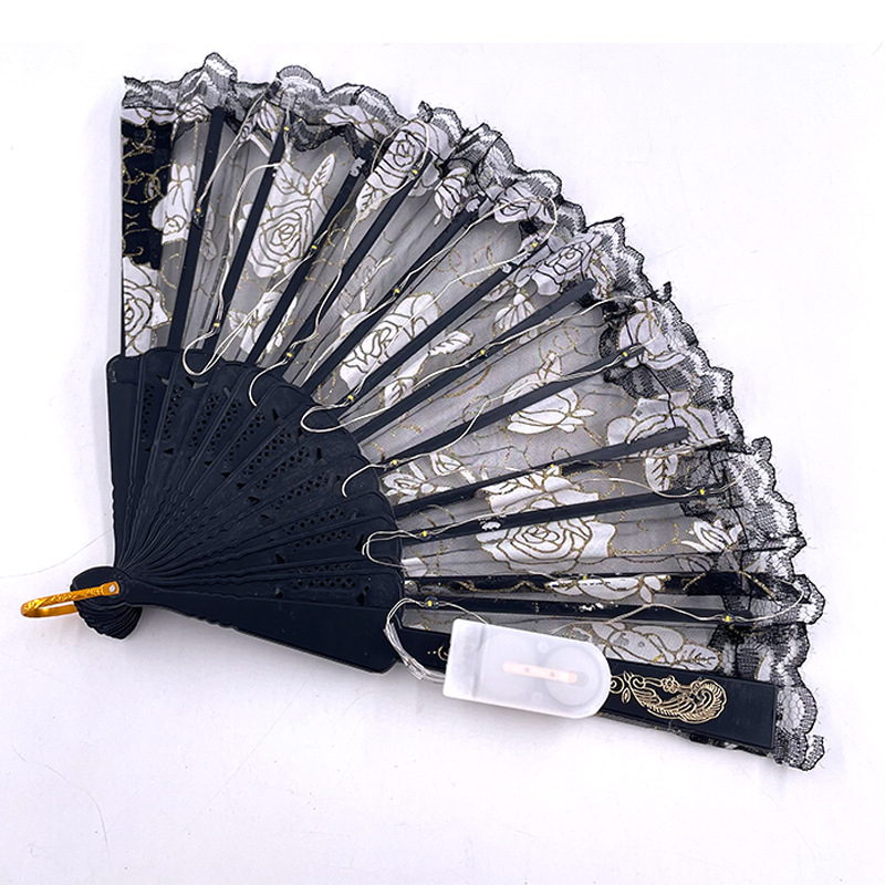 #593-2 7寸-6V双功能-发光玫瑰蕾丝扇黑底暖白色