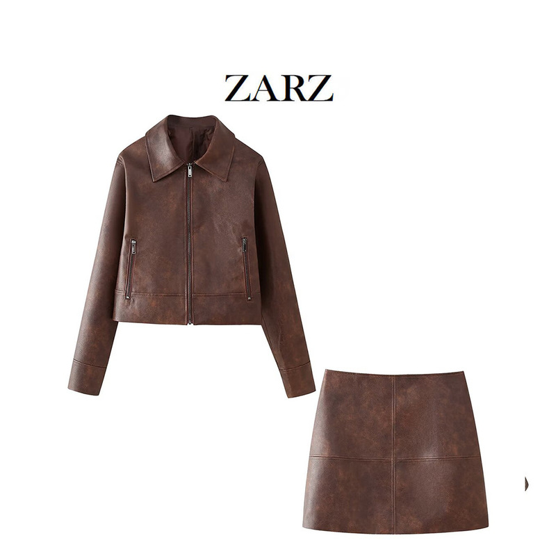 ZARZ自作欧米風新型女装ファッションレトロ襟ファスナー皮衣コートレトロ皮スカート|undefined