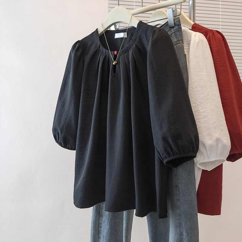 大きいサイズ韓国デザイン無地パフスリーブ Tシャツ女性のための 2025 春夏新作ルーズスリム七分袖トップ|undefined