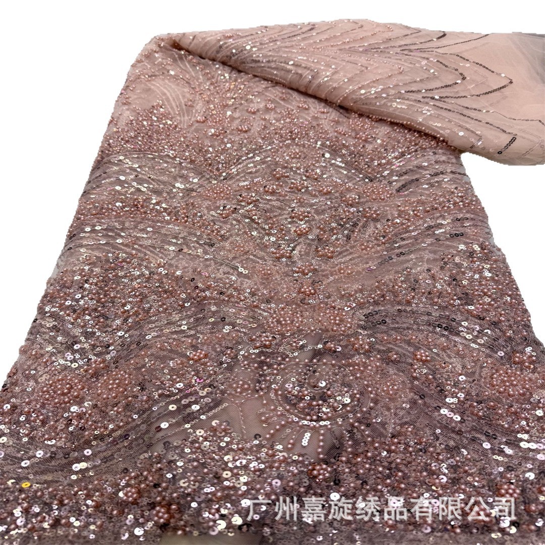 Nuevo diseño de estilo francés con bordado de pequeñas cuentas y lentejuelas, tela de encaje de malla transparente y ligera para vestidos de mujer, ropa infantil y qipao.