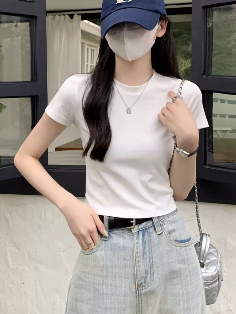 純綿tシャツ女性夏ショート半袖ハイウエストギャル修身着痩せ純色正肩半袖上着ボトムシャツ