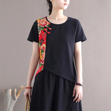 2124喜墨厂家销售复古盘扣民族风棉麻花布拼接圆领针织打底上衣