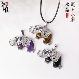 跨境天然水晶原石小象吊坠天然水晶玛瑙合金吊坠项链饰品配件批发