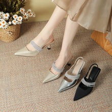夏季新款高跟鞋女时尚细跟百搭浅口尖头后绊带水钻包头凉鞋不累脚