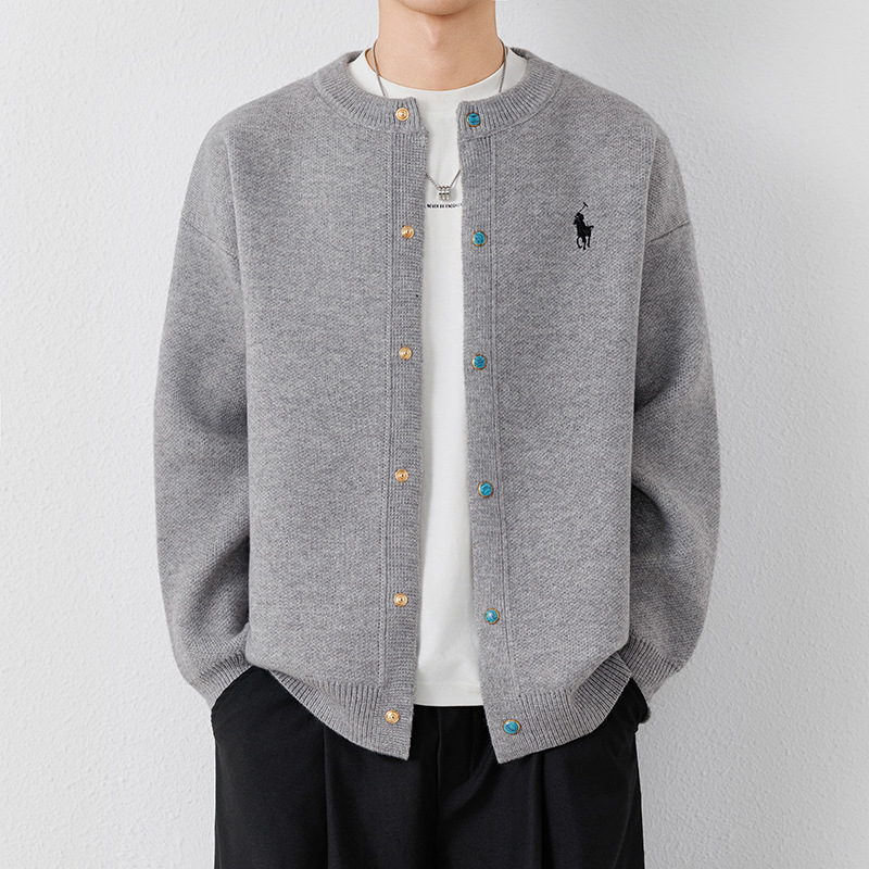 Autumn and Winter New Knitted Sweater Cardigan Men's Embroidered Round Neck Jacket Casual Loose Trendy Outer Wool Sweater