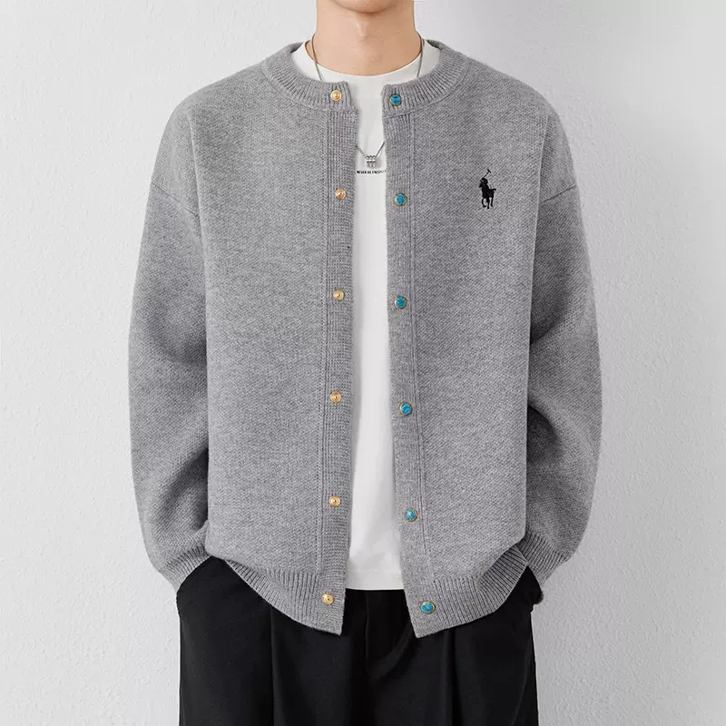 秋冬季新款针织毛衣开衫男士刺绣圆领外套休闲宽松潮流外穿羊毛衫