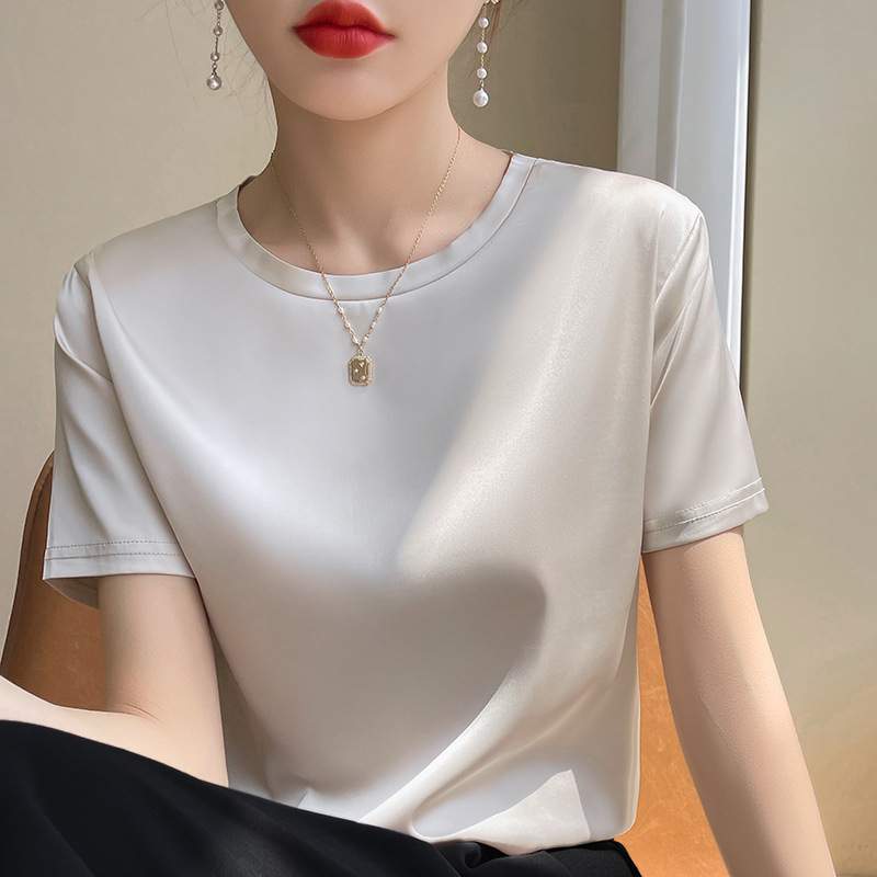 Women's short-sleeved loose mulberry silk satin base white inner top