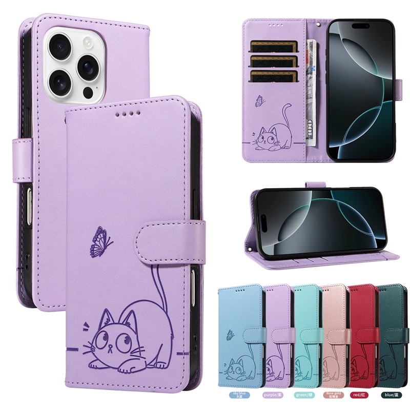 适用iPhone17压纹小猫招财手机皮套苹果16手绳S25插卡A16谷歌10壳