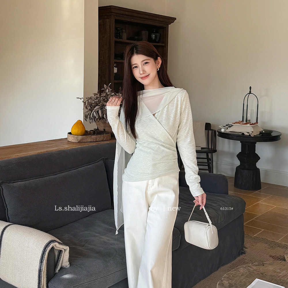 LS 优雅气质v领飘带修身小衫女 广州十三行2026早春新品女装61315