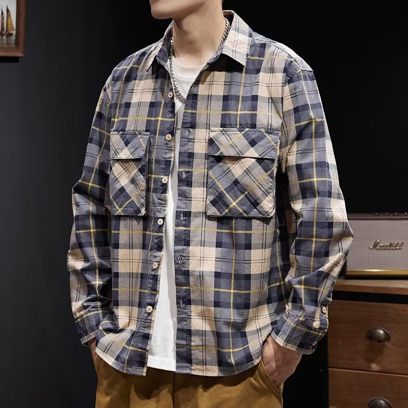 Men's Autumn Classic Hong Kong Style Personalized Plaid Long-Sleeved Shirt Men's Trendy Brand Ins Large Size Workwear Loose Shirt