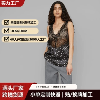 欧美风蕾丝波点拼接缎面背心女气质V领显瘦百搭透视高级感打底衫