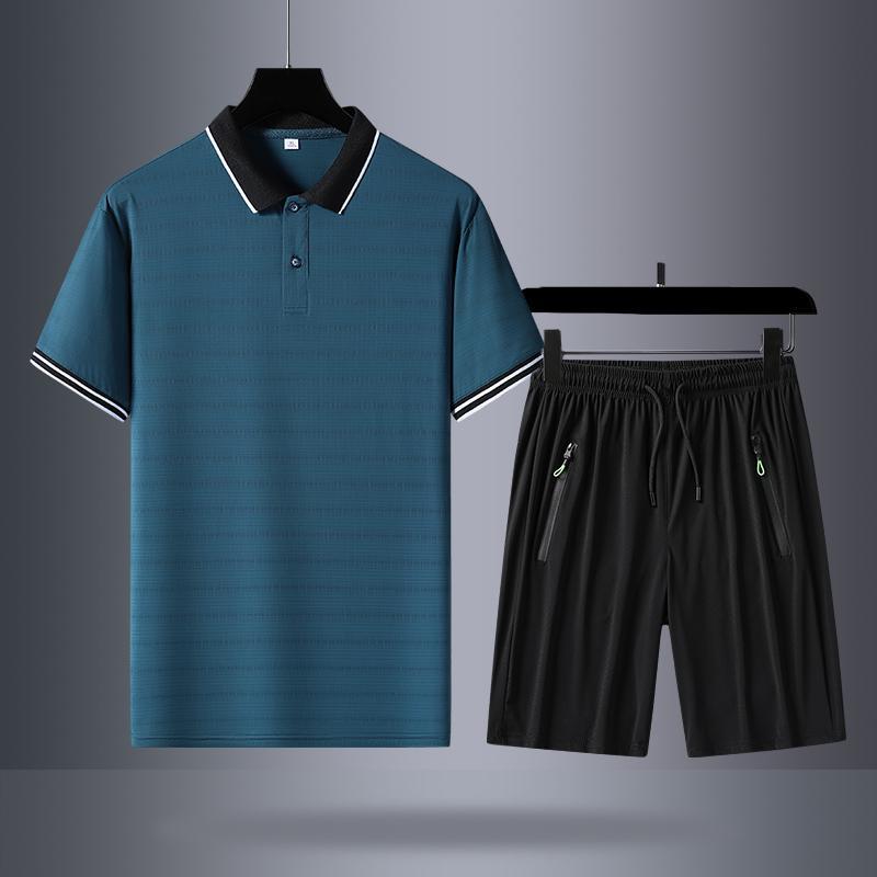 Verano hielo de manga corta pantalones cortos de dos piezas hombres camiseta de manga corta polo casual con solapa de mediana edad pantalones cortos grandes